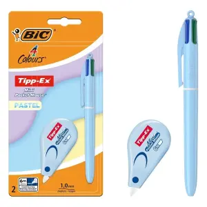 Bic 4 Colours Pastel Pack con Bolígrafo Retráctil y Corrector Tipp-Ex Mini 5mmx6m