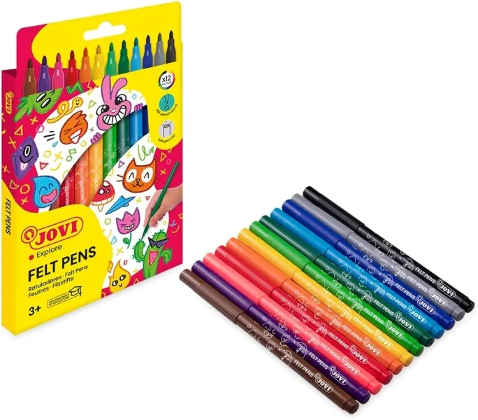 Jovi Felt Pens Pack De 12 Rotuladores - Punta De 3Mm - Amplia Variedad De Tonos - Tinta De Gran Fijacion - Capuchon De Ventilado - Grip Triangular Ergonomico - Colores Surtidos