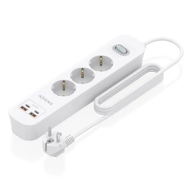 Aisens Regleta 3 Tomas Schuko con 2xUSB-C, 2xUSB-A, 1.4m, Power Delivery 3.0, Qualcomm 3.0, Blanco