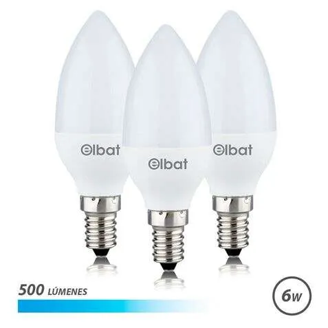 Elbat Bombillas Led C37 Pack De 3 - 6W - 500Lm - Base E14 - Luz Fria - Ahorro Energetico - Blanco Frio