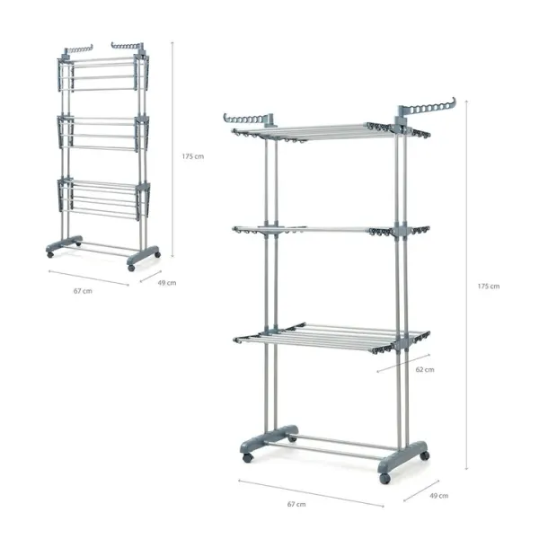 InnovaGoods Tendedero Vertical Plegable con Ruedas - 24 Barras - Soporta 40kg - Altura Ajustable - 49-62x175x73cm - Color Plateado