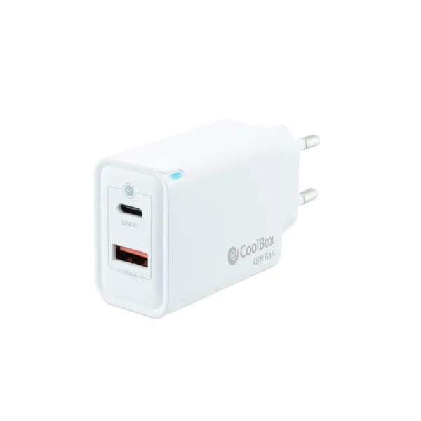 Coolbox Cargador De Pared 45W Qc3.0 + Pd - Usb-A + Usb-C - Carga Rapida - Tecnología Gan - Color Blanco