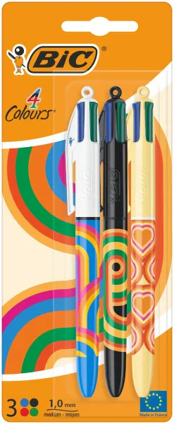 Bic 4 Colours Decors Pack De 3 Boligrafos De Bola Retractil - Punta Media De 1.0Mm - Tinta Con Base De Aceite - 4 Colores