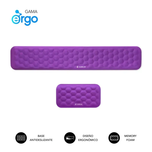 Subblim Pack Ergo Airpadding Reposamuñecas Para Teclado Y Raton - Espuma Viscoelastica 65D - Tejido Airmesh Transpirable - Base Antideslizante - Color Lila