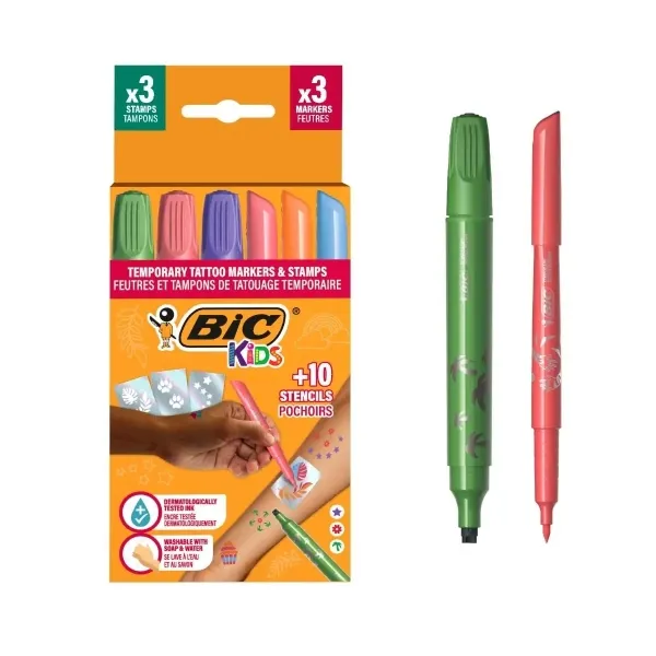 Bic Kids Tatuajes Temporales Pack De 3 Sellos + 3 Rotuladores + 10 Plantillas - Tinta Dermatologicamente Testada Y Sin Perfume - Colores Surtidos