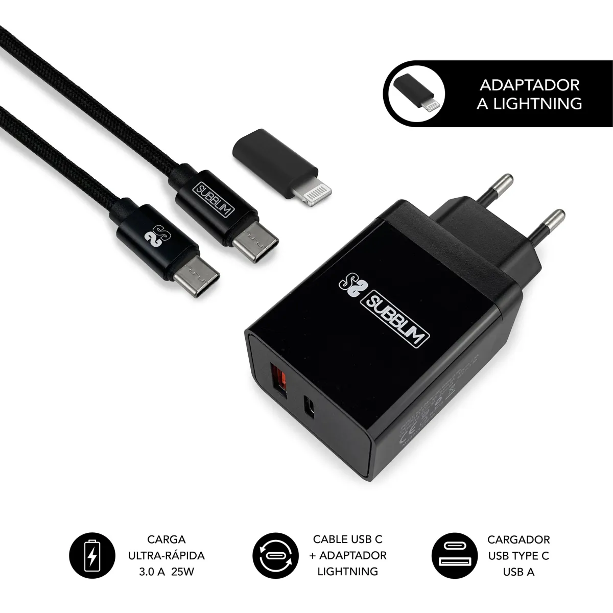 Subblim Cargador 2 Puertos 25W Carga Rápida PD 3.0 Quick Charge Negro