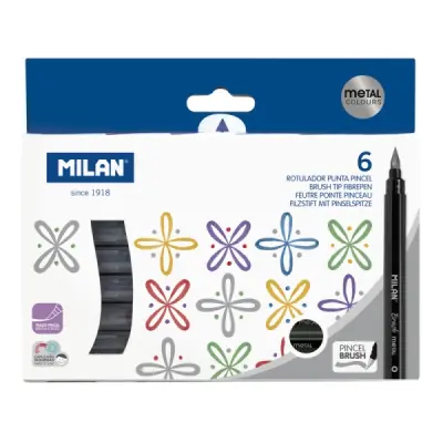 Milan Pack de 6 Rotuladores Punta Pincel Colores Metalizados Tinta al Agua 0.5-6mm