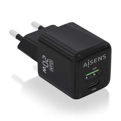 Aisens Cargador Gan 20W USB-C PD3.0 QC4.0 y USB-A QC3.0 Color Negro