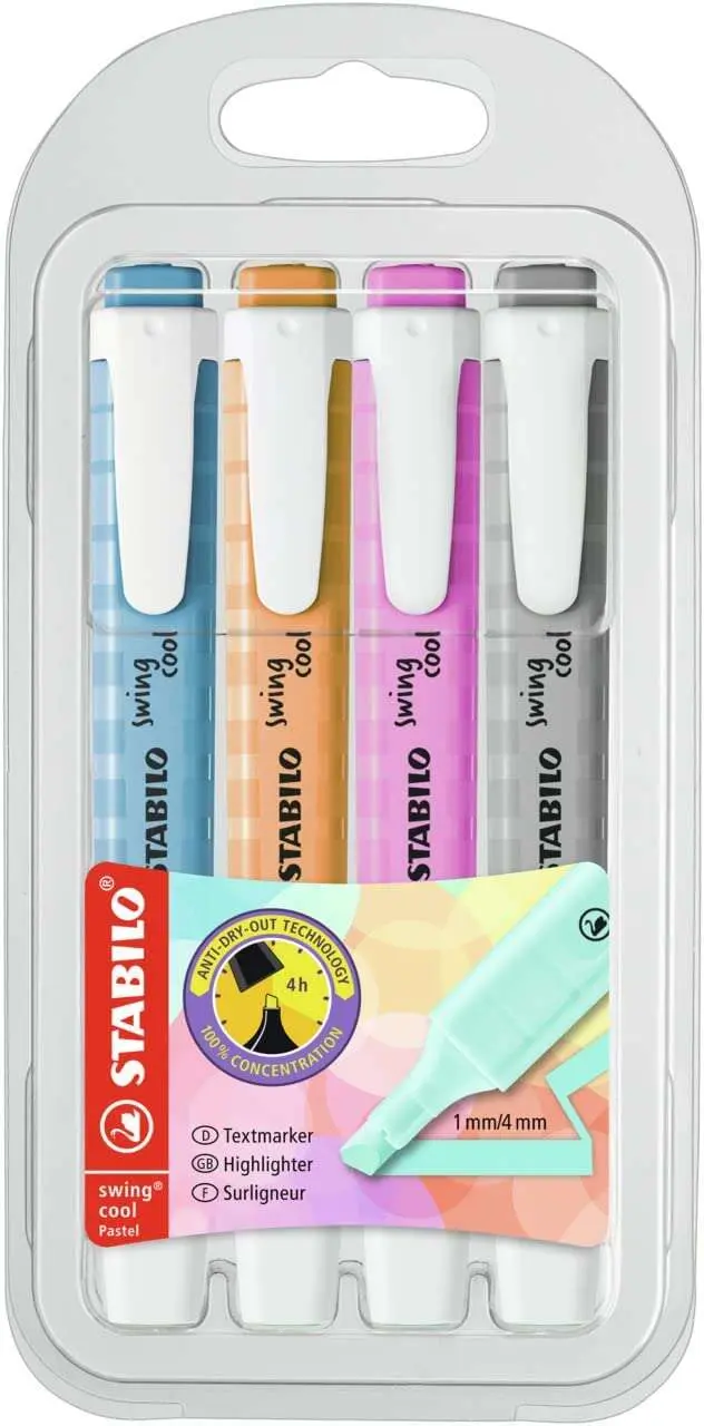 Stabilo Swing Cool Pastel Pack De 4 Marcadores Fluorescentes - Cuerpo Plano - Punta Biselada - Trazo Entre 1 Y 4Mm - Tinta Con Base De Agua - Antisecado - Colores Surtidos