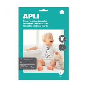 Apli Pack de 3 Hojas de Papel Transfer para Impresoras Inkjet - Prendas Blancas