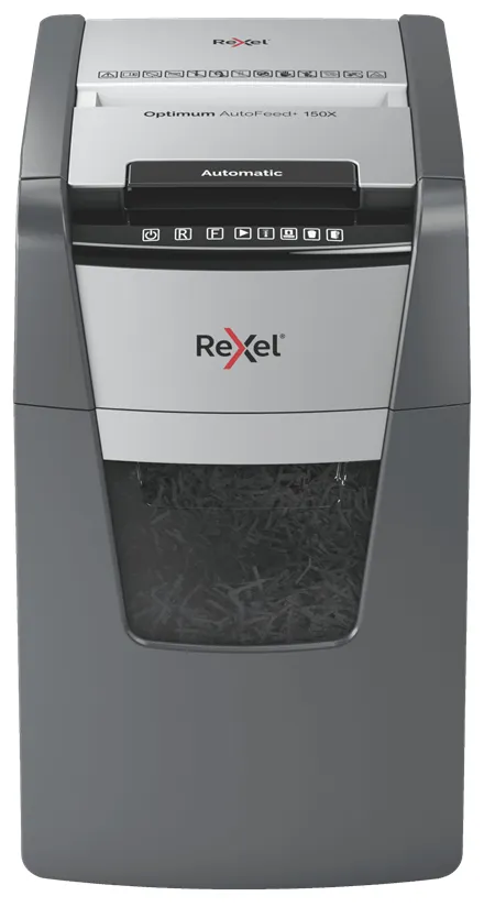 Rexel Optimum Autofeed 150X Destructora Automatica de Corte en Particulas P-4 - Autolimentacion de 150 Hojas, Manual de 8 Hojas - Papelera de 44L - Tecnologia Anti Atascos - Color Gris