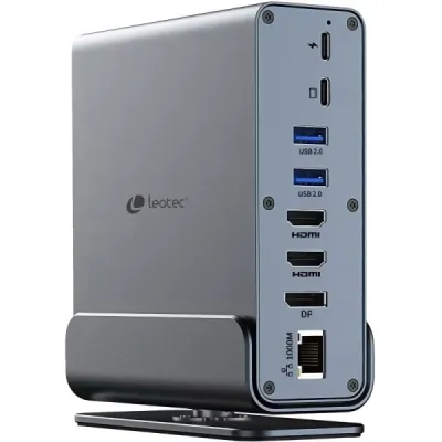 Leotec Docking Station USB-C 15 en 1 - 2x HDMI 4K, DisplayPort, Power Delivery 100W, Ethernet Gigabit, 5x USB, Lector SD y MicroSD, Jack 3.5 mm, Gris Aluminio