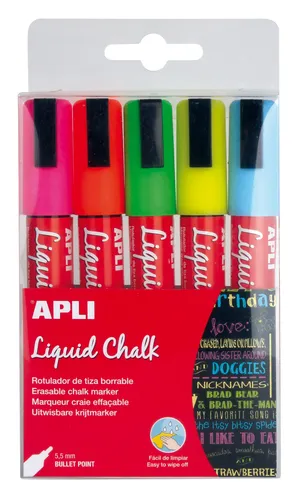 Apli Marcador De Tiza Líquida Punta Redonda 5,5mm Colores Surtidos Blíster 5 Ud