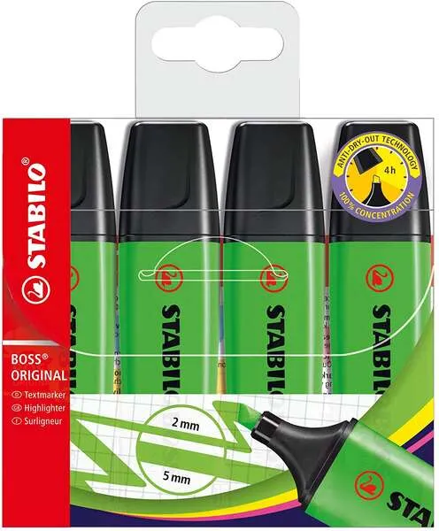Stabilo Boss 70 Pack De 4 Marcadores Fluorescentes - Trazo Entre 2 Y 5Mm - Recargable - Tinta Con Base De Agua - Color Verde