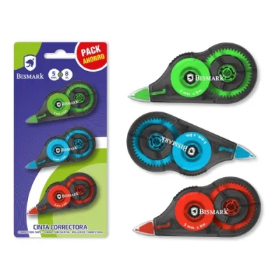 Bismark Pack De 3 Cintas Correctoras 5Mmx8M - Perfecta Adherencia Al Papel - Presentacion En Blister - Colores Surtidos