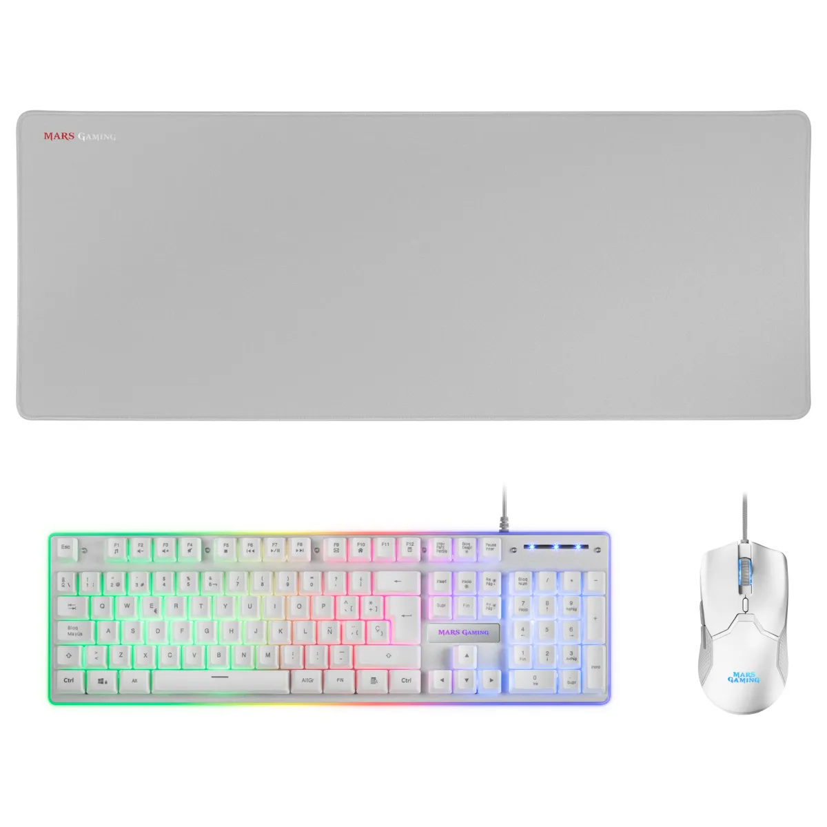 Mars Gaming MCPX White: Teclado Híbrido, Ratón Ultra Ligero y Alfombrilla XXL