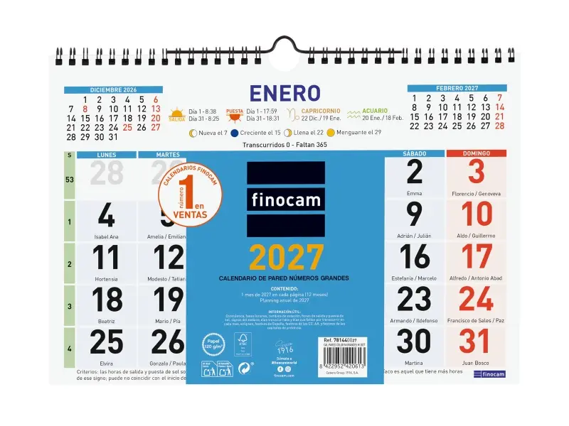 Finocam Calendario de Pared Anual 2027 Mes Vista Formato M 300x210mm Espiral Doble Azul y Blanco
