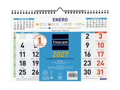 Finocam Calendario de Pared Anual 2027 Mes Vista Formato M 300x210mm Espiral Doble Azul y Blanco