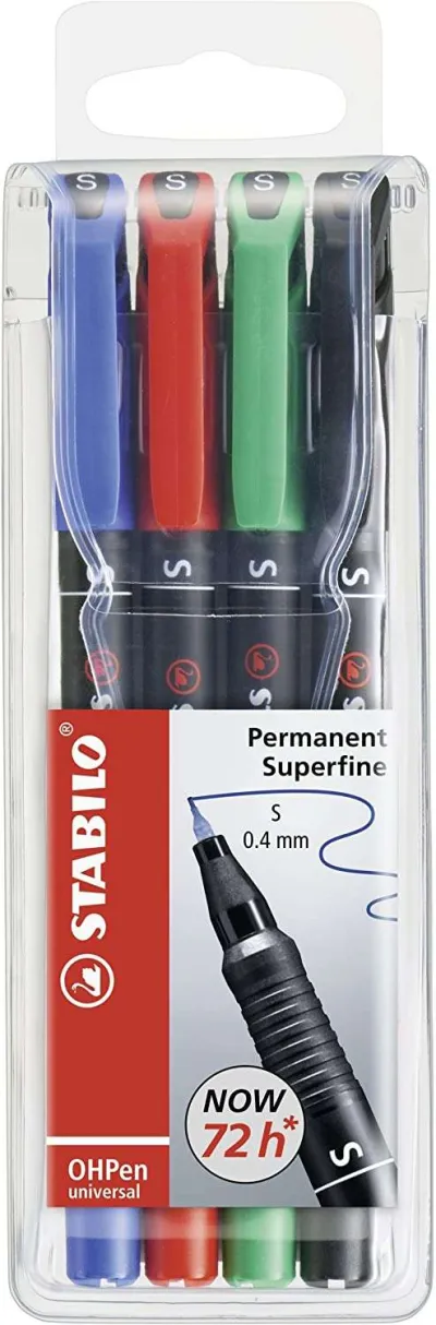 Stabilo Marcador Permanente OHPEN Universal S Punta Super Fina 0.4mm Estuche 4 Ud
