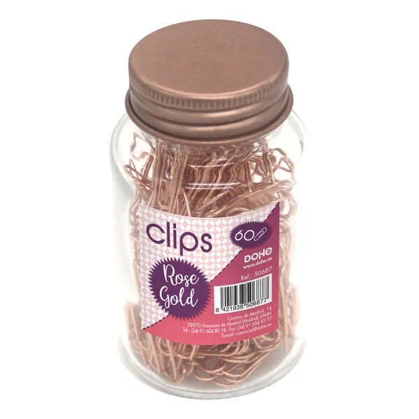 Dohe Bote De Cristal Con 60 Clips Metalicos De 50Mm - Color Oro Rosa
