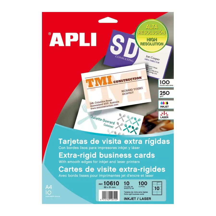 Apli Pack de 100 Tarjetas de Visita 250g - 10 Hojas de 10 Tarjetas - Blanco Mate