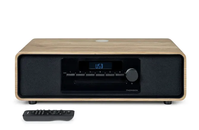 Thomson Mic300Ibt Micro Cadena 60W Bluetooth 5.0 - Reproductor De Cd, Radio Fm, Reproductor Usb (Mp3) - Funcion De Carga Inalmbrica - Mando A Distancia - Color Madera/Negro