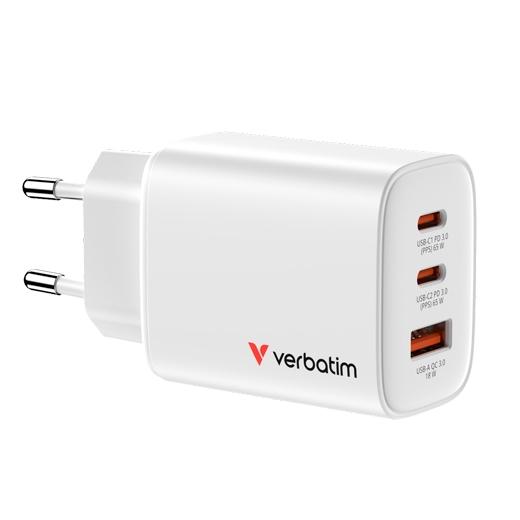 Verbatim Cargador Pared Gan Essentials  65W 2Xusb-C 3.0 Y 1Xusb-A Blanco