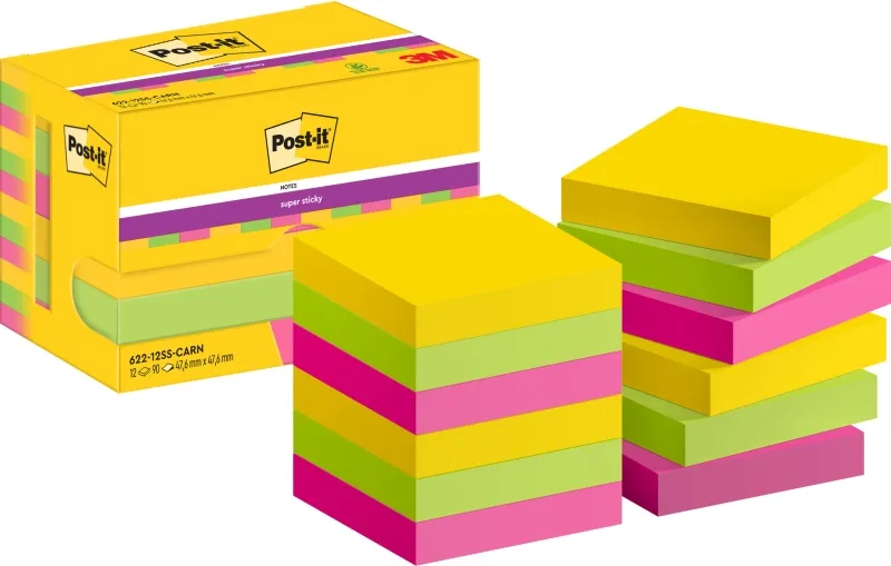 Post-it Super Sticky Pack de 12 Blocs de 90 Notas Adhesivas 47.6x47.6mm Colores Surtidos
