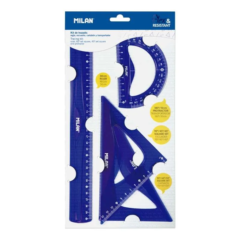 Milan Reglas Flex&Resistant 30cm Azul Translúcido - Kit 4 Piezas