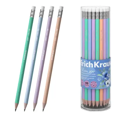 ErichKrause JOY Lapiz de Grafito HB con Goma de Borrar - Cuerpo Redondo, Colores Surtidos