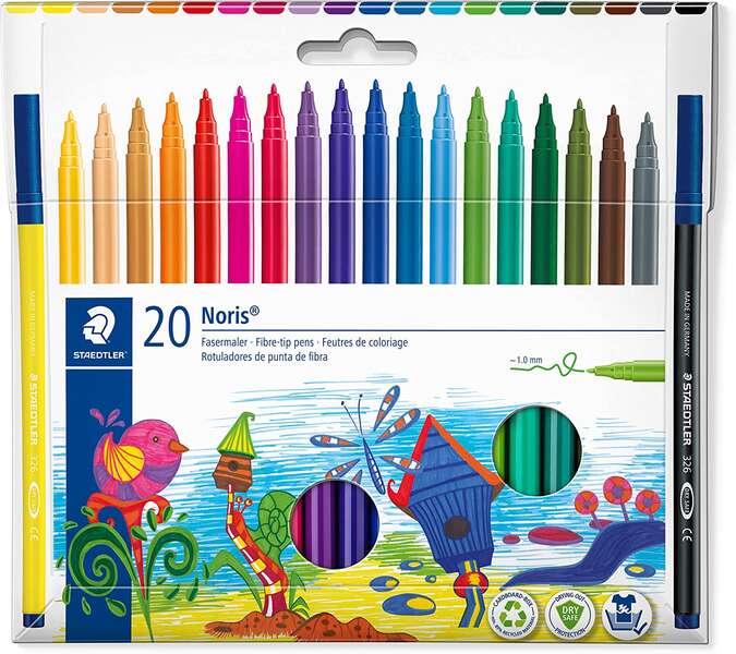 Staedtler 326 Pack De 20 Rotuladores Punta De Fibra - Trazo 1.0Mm Aprox - Resistente A La Presion - Tinta A Base De Agua Antisecado - Colores Surtidos