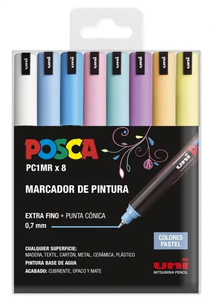 Posca Pc1Mr Pack De 8 Marcadores De Pintura - Punta Roller De Fibra 0.7Mm - Tinta Pigmentada Base Al Agua - Resistente A La Luz - Colores Surtidos Pastel