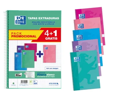 Oxford Cuaderno Espiral Write&Erase 80H Folio 4x4mm con Margen Tapa Extradura Pack 4+1