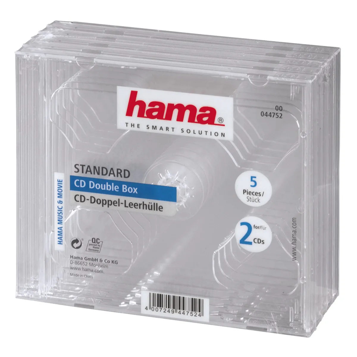 Hama Pack de 5 Cajas Dobles Vacías para CD/DVD, Poliestireno, 14x12.4x1.04cm, Transparente