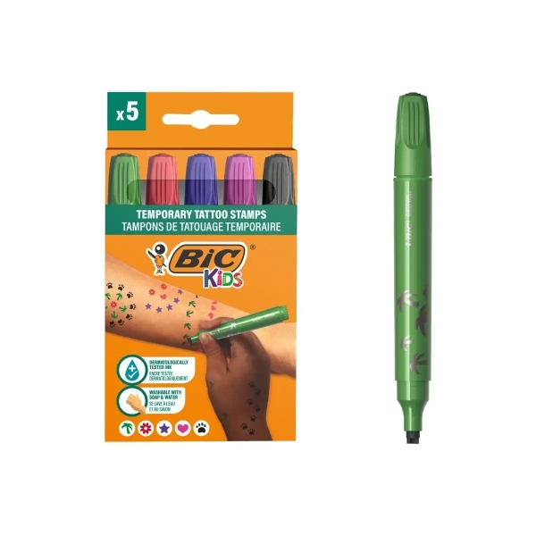 Bic Kids Pack De 5 Rotuladores De Sellos Para Tatuajes Temporales - Tinta Dermatologicamente Testada Y Sin Perfume - Colores Surtidos