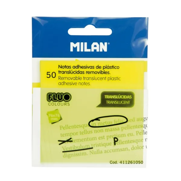 Milan Bloc Notas Adhesivas Removibles 50H 76X76 Plástico Translúcido Amarillo Fluorescente
