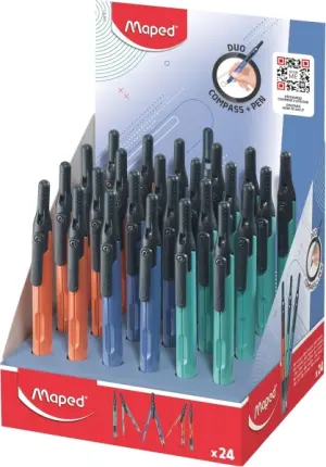 Maped Duo+Pen Expositor con 24 Compases Duo y Clip de Bolsillo - Colores Surtidos