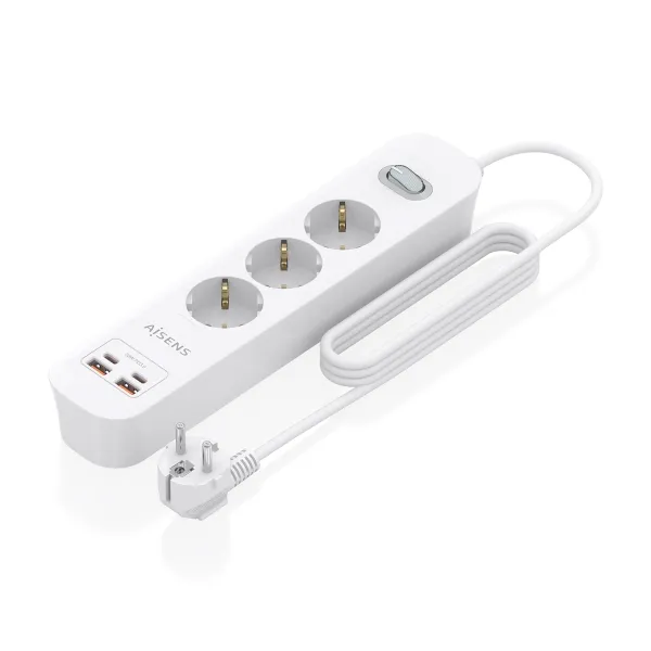 Aisens Regleta Con 3 Tomas Schuko - 2Xusb-C - 2Xusb-A - Cable De 1.4M - Interruptor Con Indicador Led - Power Delivery 3.0 - Qualcomm 3.0 - Color Blanco