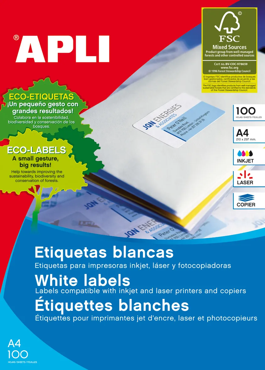 Apli Pack de 1.600 Etiquetas Rectangulares 105x37mm Adhesivo Permanente