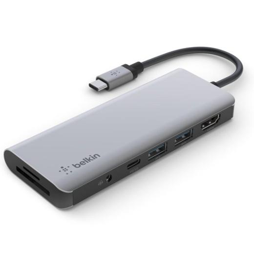 Belkin Adaptador Usb-C 7 En 1, Usb-C Pd,2Xusb-A, Hdmi,Lector Sd, Micro Sd, Jack 3.5 Mm Gris