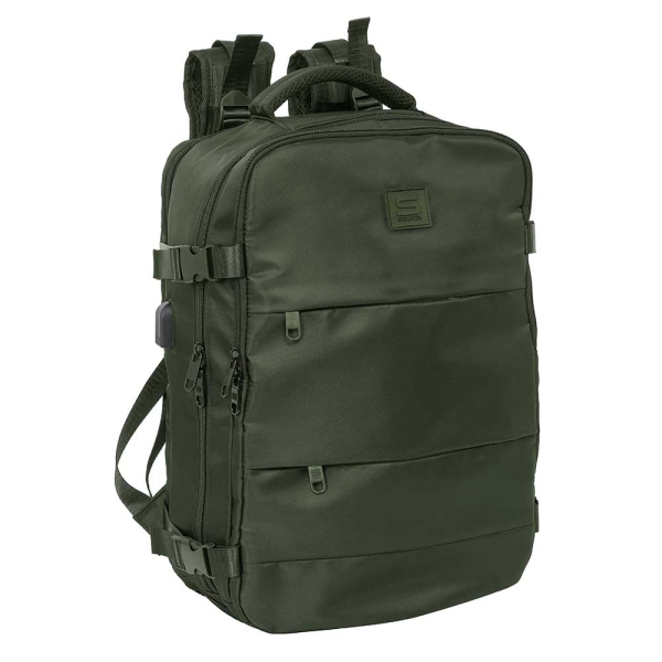 Safta Mochila De Cabina - Bolsillo Para Portatil Hasta 15.6" - Portabotellas - Usb - Zapatillero - Cinta Para Maleta - Interior Acolchado - 23.1L - 290X190X440Mm - Color Verde Oscuro