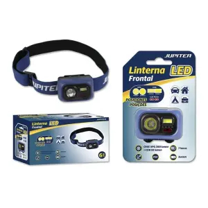 Jupiter Linterna Frontal LED 200lm + COB 50lm IP65 Azul - Goma Ajustable, 3 Pilas AAA