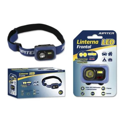 Jupiter Linterna Frontal LED 200lm + COB 50lm IP65 Azul - Goma Ajustable, 3 Pilas AAA