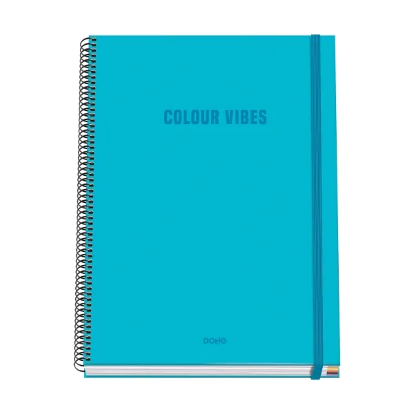 Dohe Colour Vives Cuaderno Espiral A4 100 Hojas Microperforadas Cuadricula 5Mm - Tapa Dura Carton Forrado - Cierre De Goma - Bandas De Color - Color Azul Cyan