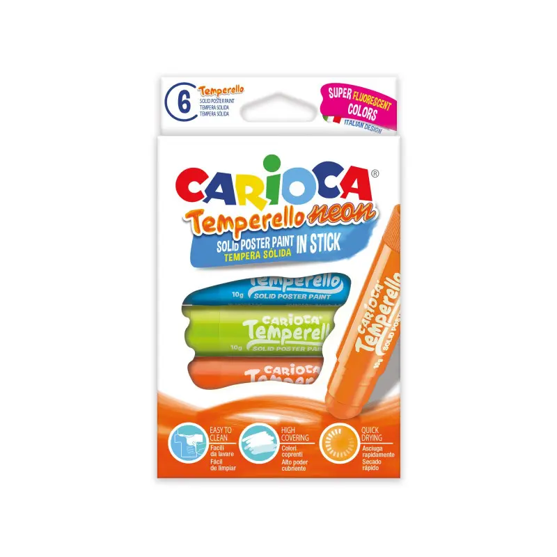 Carioca Temperello Neon Pack de 6 Temperas Solidas - Colores Brillantes y Lavables - Gran Cobertura - Faciles de Mezclar - sin Disolventes - Acabado Satinado - Secado Rapido - Color Varios