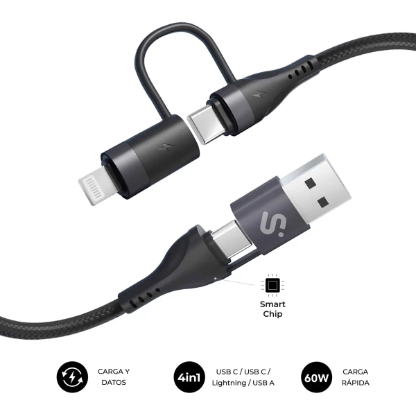 Subblim Cable Top 4 En 1 - Usb-A Usb-C Lightning - 60W - Nylon Trenzado - Carga Rapida - 1 Metro