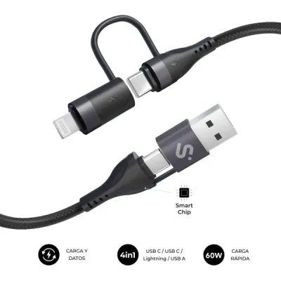 Subblim Cable 4 en 1 - USB-A, USB-C, Lightning - 60W, Nylon Trenzado, 1 Metro
