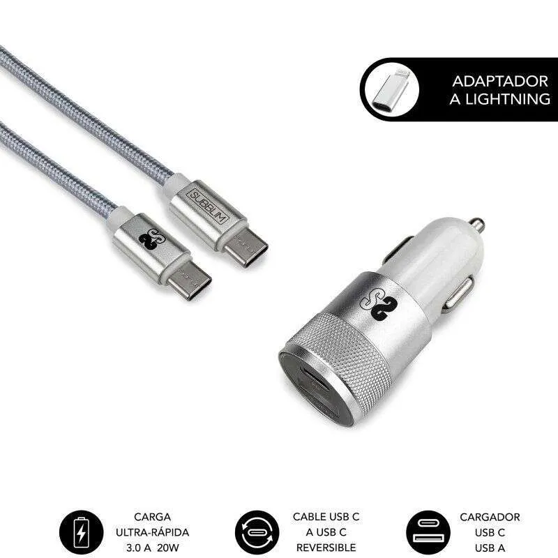Subblim Cargador Coche Dual Pd20W+Qc3.0+C To C/Lightning Cable - 20W - Carga Rápida Simultánea - Cable Usb C Reversible - Color Plata
