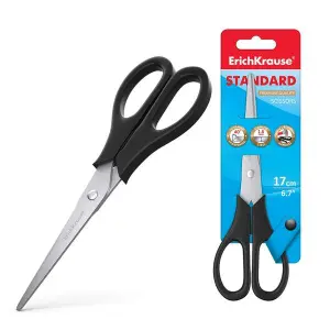 ErichKrause Tijeras de Acero Inoxidable 17cm con Afilado Doble y Mangos de Plástico Negro