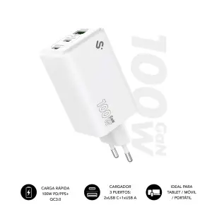 Subblim Cargador de Pared GaN 100W - 3 Puertos (2xUSB-C, 1xUSB-A) - Blanco